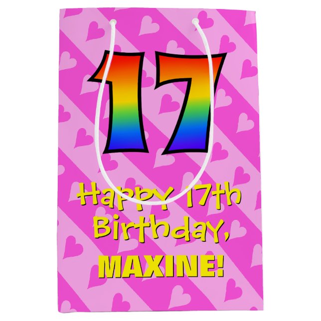 Sac Cadeau Moyen 17e anniversaire : Amusants Coeurs roses Stripes;  (Devant)