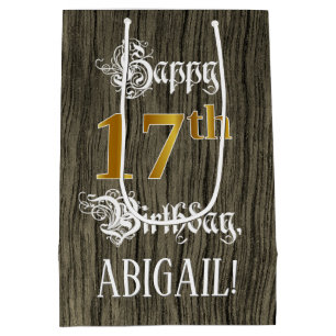 Sac Cadeau Moyen 17e anniversaire : Faux Gold Look & Faux Wood Moti