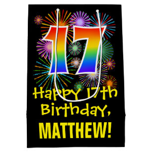 Sac Cadeau Moyen 17ème anniversaire : Fun Fireworks Motif + Rainbow