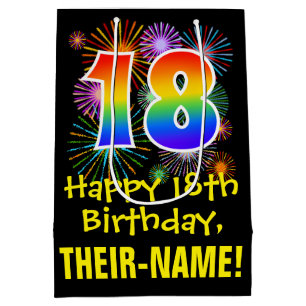 Sac Cadeau Moyen 18e anniversaire : Fun Fireworks Motif + Rainbow 1