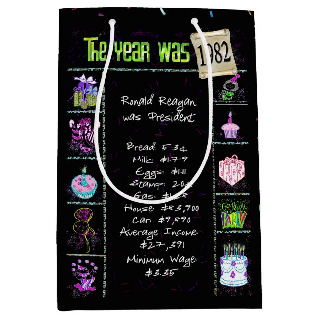 Sac Cadeau Moyen 1982 Anniversaire Trivia Fun Fact (Devant)