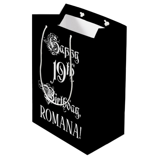 Sac Cadeau Moyen 19e anniversaire : fantaisie, élégant script + Nom (Dos Angle)