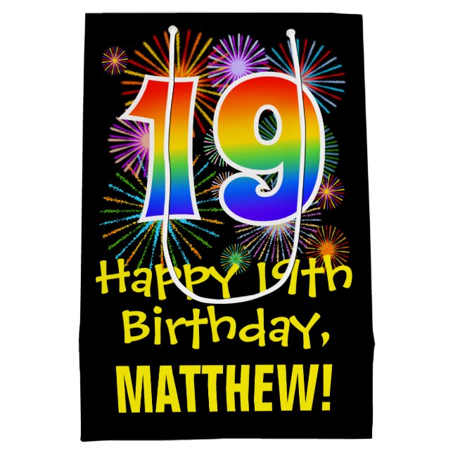 Sac Cadeau Moyen 19e anniversaire : Fun Motif feux d'artifice + Rai (Dos)