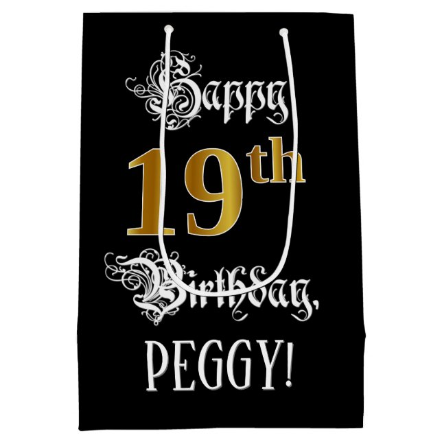Sac Cadeau Moyen 19e anniversaire ~ Script fantaisie; Faux Gold Loo (Dos)