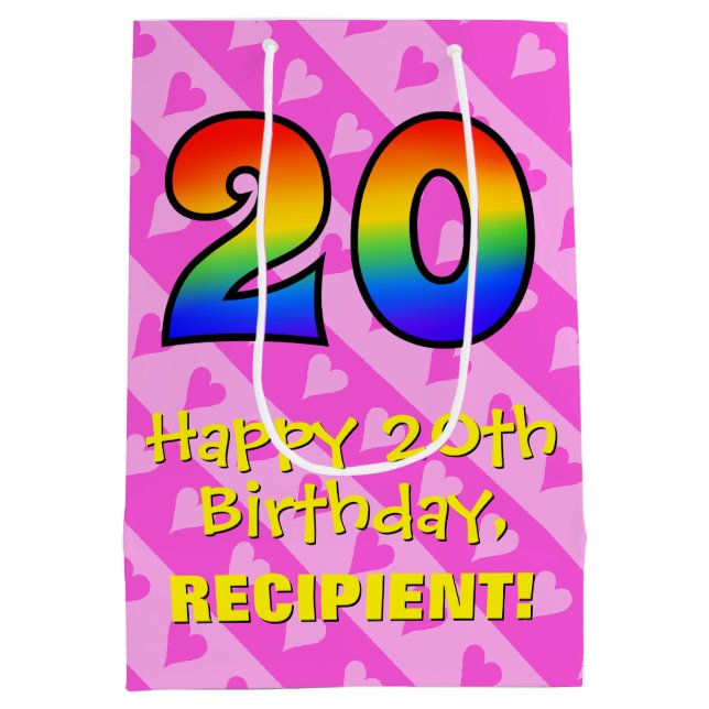 Sac Cadeau Moyen 20e anniversaire : Amusants Coeurs roses Stripes;  (Dos)