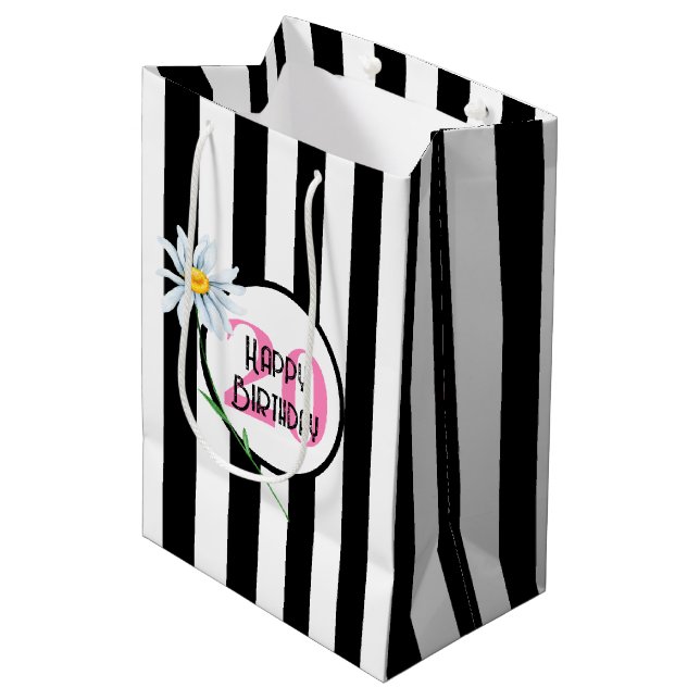 Sac Cadeau Moyen 20e anniversaire Stripes noir et blanc (Devant Angle)