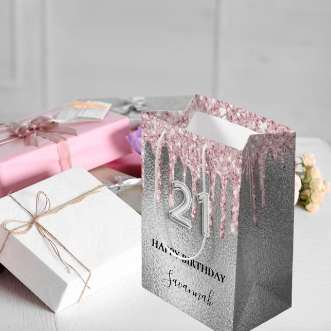 Sac Cadeau Moyen 21e anniversaire argent parties scintillant goutte (Créateur téléchargé)