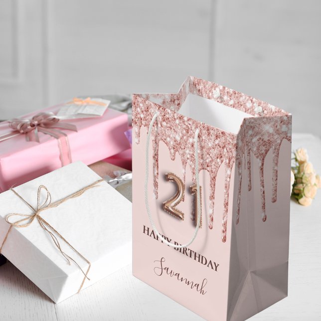 Sac Cadeau Moyen 21e anniversaire blush rose parties scintillant ro (Créateur téléchargé)