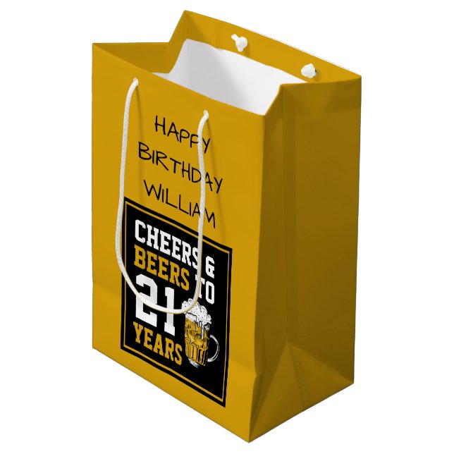 Sac Cadeau Moyen 21e anniversaire Cheers & Bières à 21 ans  (Devant Angle)