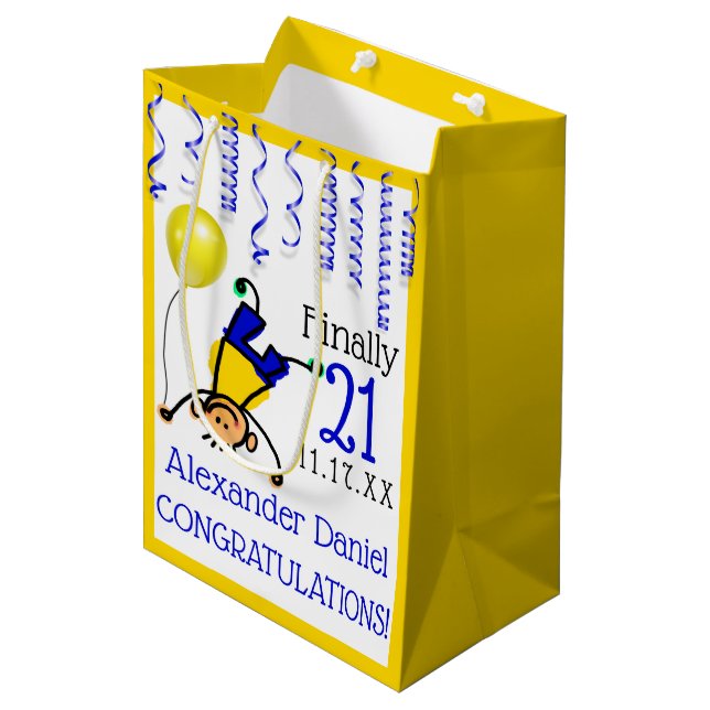 Sac Cadeau Moyen 21e anniversaire Fête ou Personnaliser (Devant Angle)