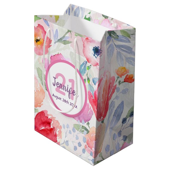 Sac Cadeau Moyen 21e anniversaire floraux roses nom pastel (Dos Angle)