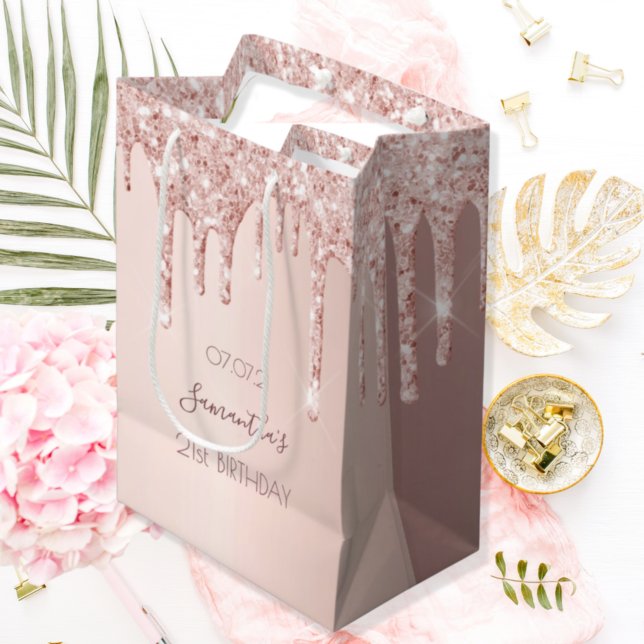 Sac Cadeau Moyen 21e anniversaire rose parties scintillant or goutt (Créateur téléchargé)