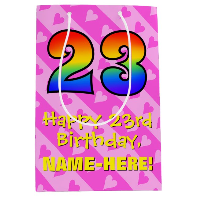 Sac Cadeau Moyen 23e anniversaire : Amusants Coeurs roses Stripes;  (Devant)