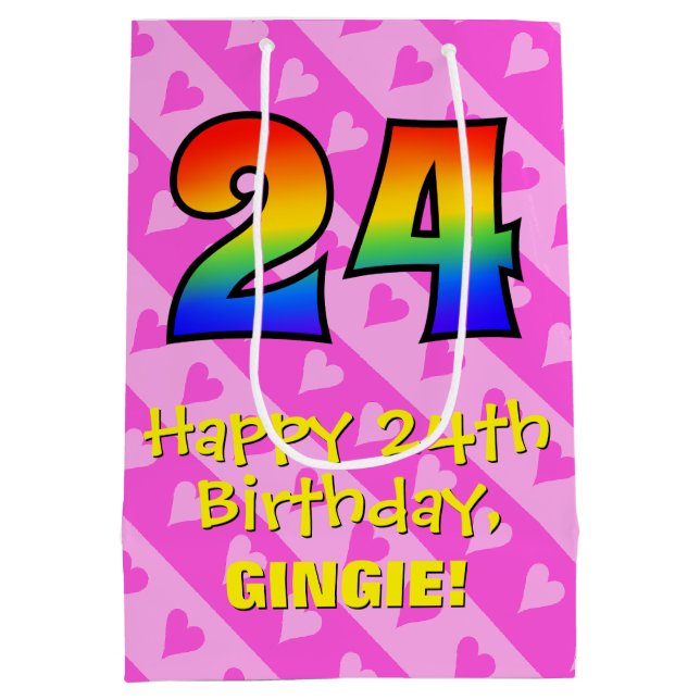 Sac Cadeau Moyen 24e anniversaire : Amusants Coeurs roses Stripes;  (Dos)