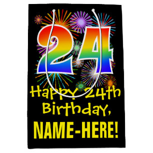 Sac Cadeau Moyen 24ème anniversaire : Fun Fireworks Motif + Rainbow