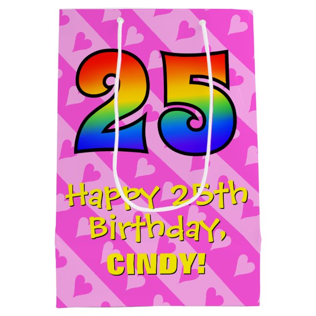 Sac Cadeau Moyen 25e anniversaire : Amusants Coeurs roses Stripes;  (Dos)