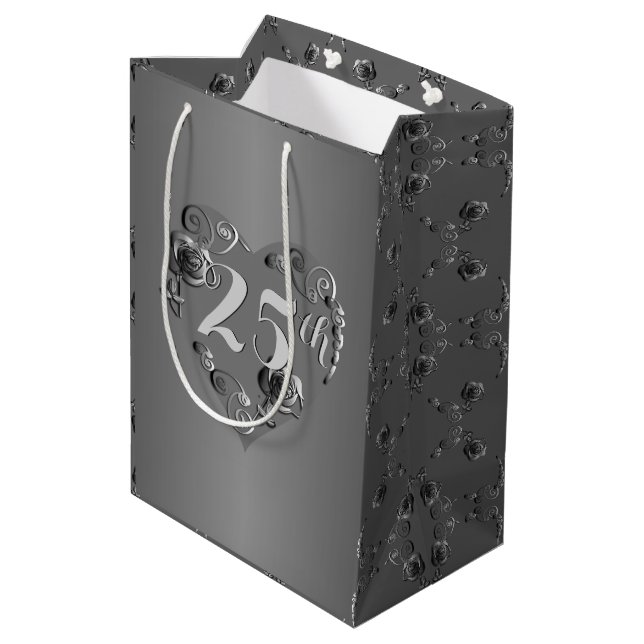 Sac Cadeau Moyen 25e anniversaire du Mariage Coeur Rose d'argent (Dos Angle)