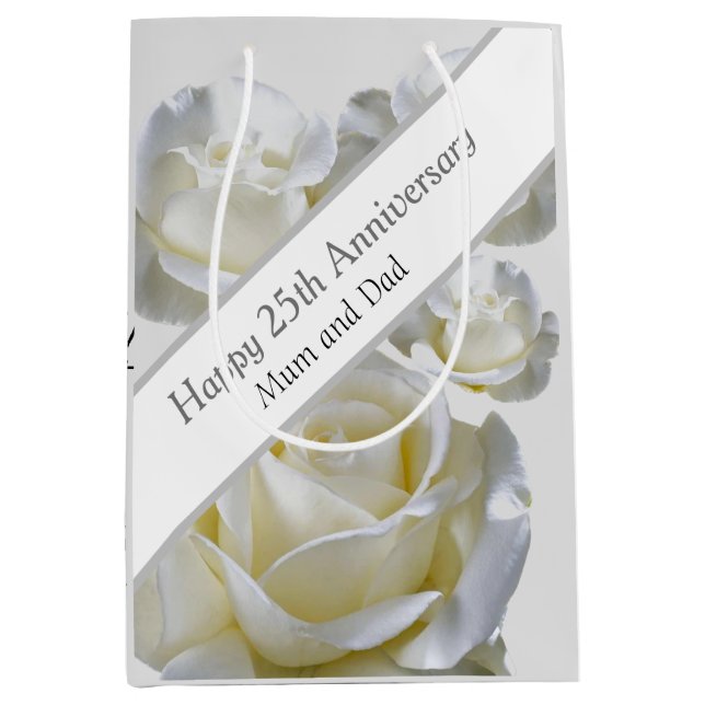 Sac Cadeau Moyen 25e anniversaire éditable Rose d'argent (Devant)