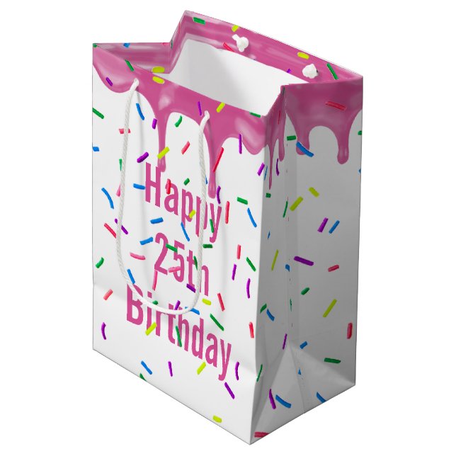 Sac Cadeau Moyen 25e Anniversaire Sprinkles Sur Glace Rose (Devant Angle)