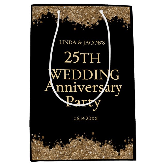 Sac Cadeau Moyen 25th Wedding Anniversary Gold Faux Glitter  (Devant)