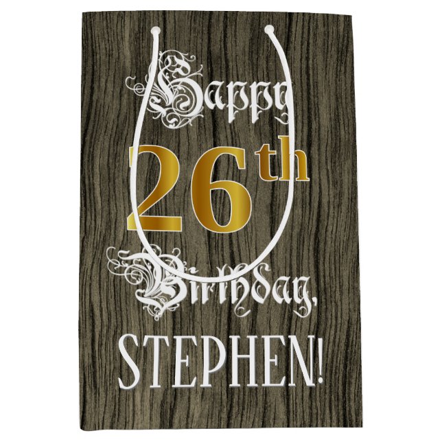 Sac Cadeau Moyen 26e anniversaire : Faux Gold Look & Faux Wood Moti (Devant)