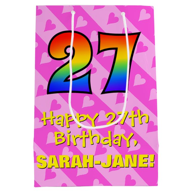 Sac Cadeau Moyen 27e anniversaire : Amusants Coeurs roses Stripes;  (Dos)