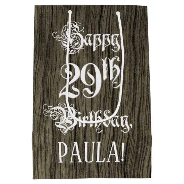 Sac Cadeau Moyen 29e anniversaire : fantaisie, Faux Wood Look + Nom (Dos)