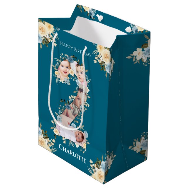 Sac Cadeau Moyen 2e anniversaire Photo Collage Turquoise bleu jaune (Devant Angle)