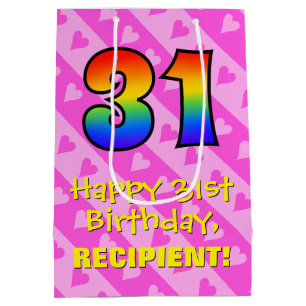 Sac Cadeau Moyen 31e anniversaire : Amusants Coeurs roses Stripes; 