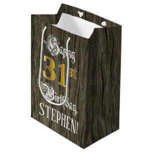 Sac Cadeau Moyen 31e anniversaire : Faux Gold Look & Faux Wood Moti