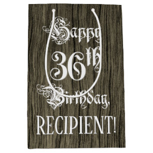 Sac Cadeau Moyen 36e anniversaire : fantaisie, Faux Wood Look + Nom