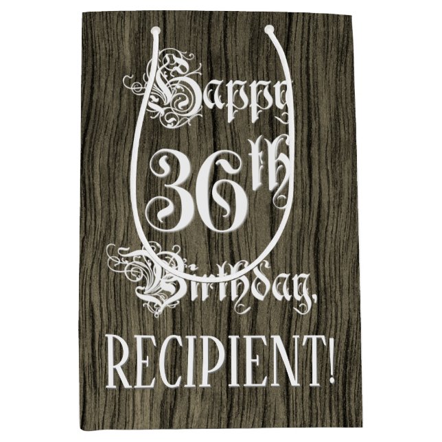 Sac Cadeau Moyen 36e anniversaire : fantaisie, Faux Wood Look + Nom (Devant)