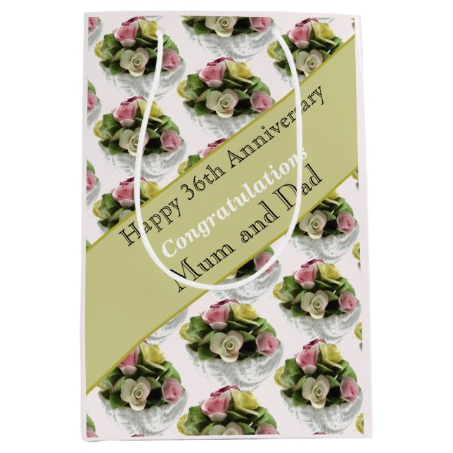 Sac Cadeau Moyen 36e anniversaire Mariage de la porcelaine osseuse, (Devant)