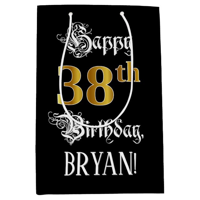 Sac Cadeau Moyen 38e anniversaire ~ Script fantaisie; Faux Gold Loo (Devant)