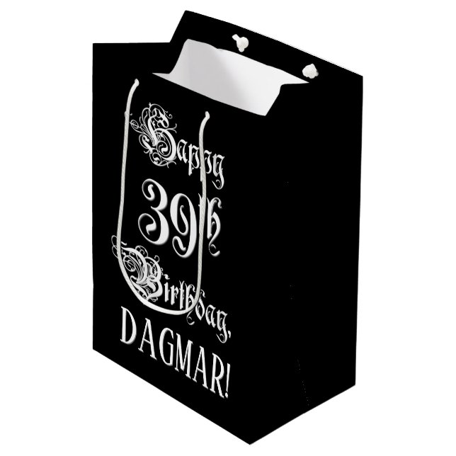 Sac Cadeau Moyen 39e anniversaire : fantaisie, élégant script + Nom (Devant Angle)