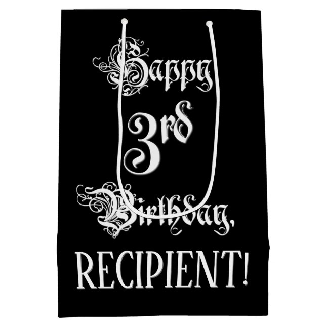 Sac Cadeau Moyen 3e anniversaire : fantaisie, élégant script + Nom  (Dos)