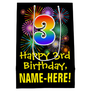 Sac Cadeau Moyen 3ème anniversaire : Fun Motif Fireworks + Rainbow
