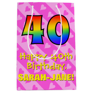Sac Cadeau Moyen 40e anniversaire : Amusants Coeurs roses Stripes; 