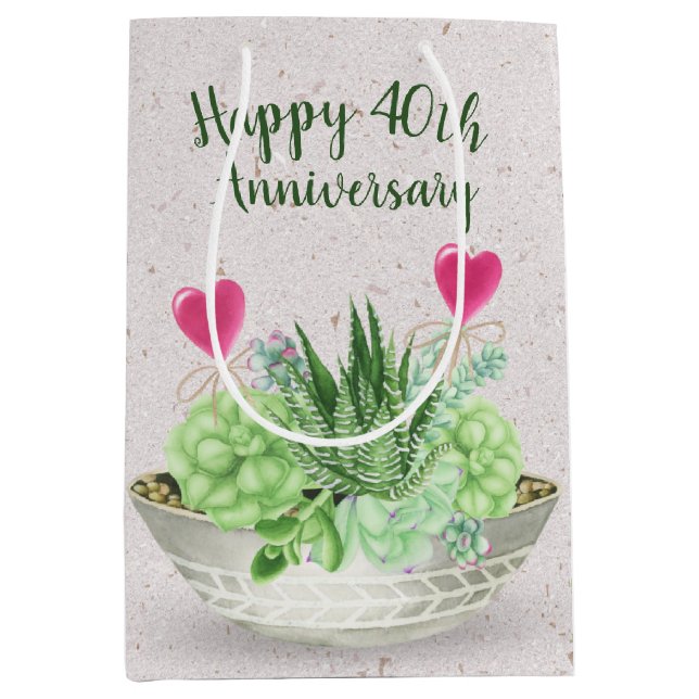 Sac Cadeau Moyen 40e Anniversaire Coeurs roses dans les succulents (Devant)