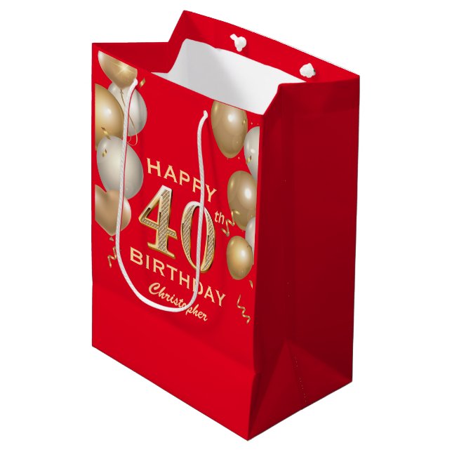 Sac Cadeau Moyen 40e Anniversaire des Ballons Rouge et Or (Devant Angle)