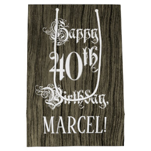 Sac Cadeau Moyen 40e anniversaire : fantaisie, Faux Wood Look + Nom