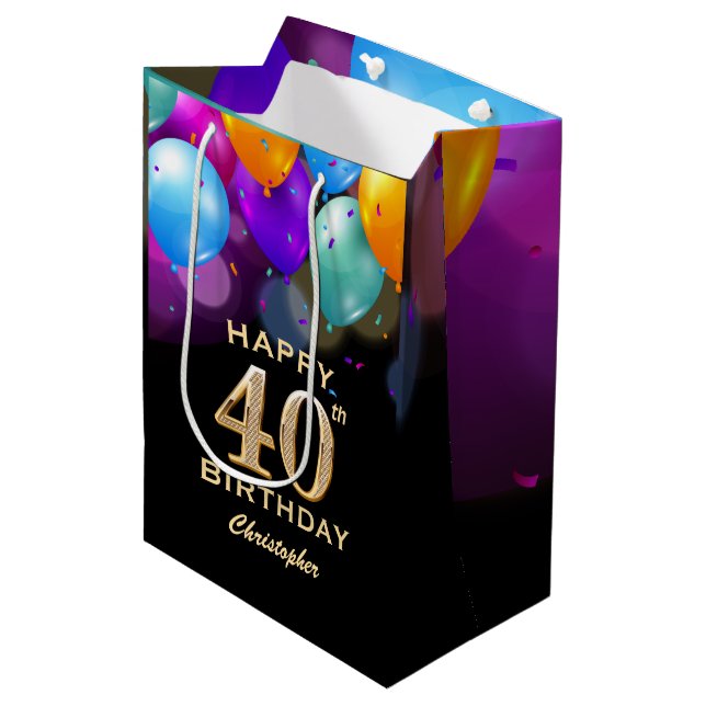 Sac Cadeau Moyen 40e fête d'anniversaire Ballons noirs et or (Devant Angle)