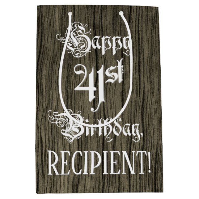 Sac Cadeau Moyen 41e anniversaire : Fancy, Faux Wood Look + Custom  (Devant)