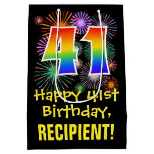 Sac Cadeau Moyen 41e anniversaire : Fun Motif feux d'artifice + Arc