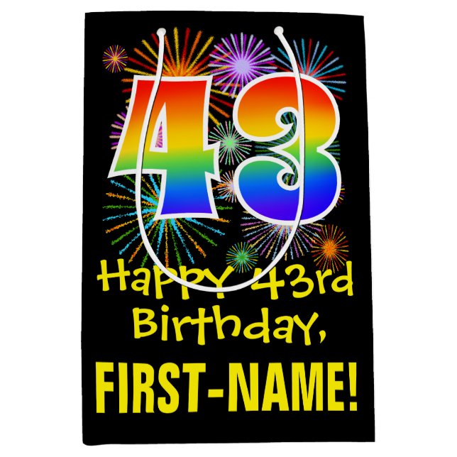 Sac Cadeau Moyen 43ème anniversaire : Fun Fireworks Motif + Rainbow (Devant)