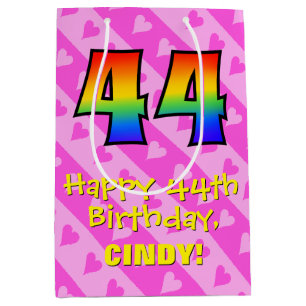 Sac Cadeau Moyen 44e anniversaire : Amusants Coeurs roses Stripes; 