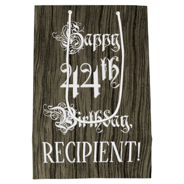 Sac Cadeau Moyen 44e anniversaire : fantaisie, Faux Wood Look + Nom (Dos)