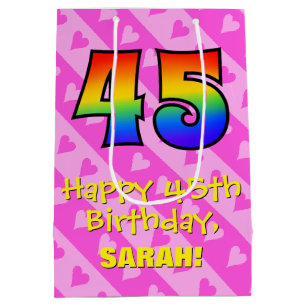 Sac Cadeau Moyen 45e anniversaire : Amusants Coeurs roses Stripes;