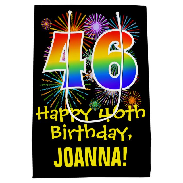 Sac Cadeau Moyen 46ème anniversaire : Fun Fireworks Motif + Rainbow (Dos)