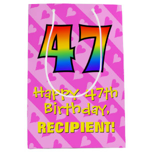 Sac Cadeau Moyen 47e anniversaire : Amusants Coeurs roses Stripes;